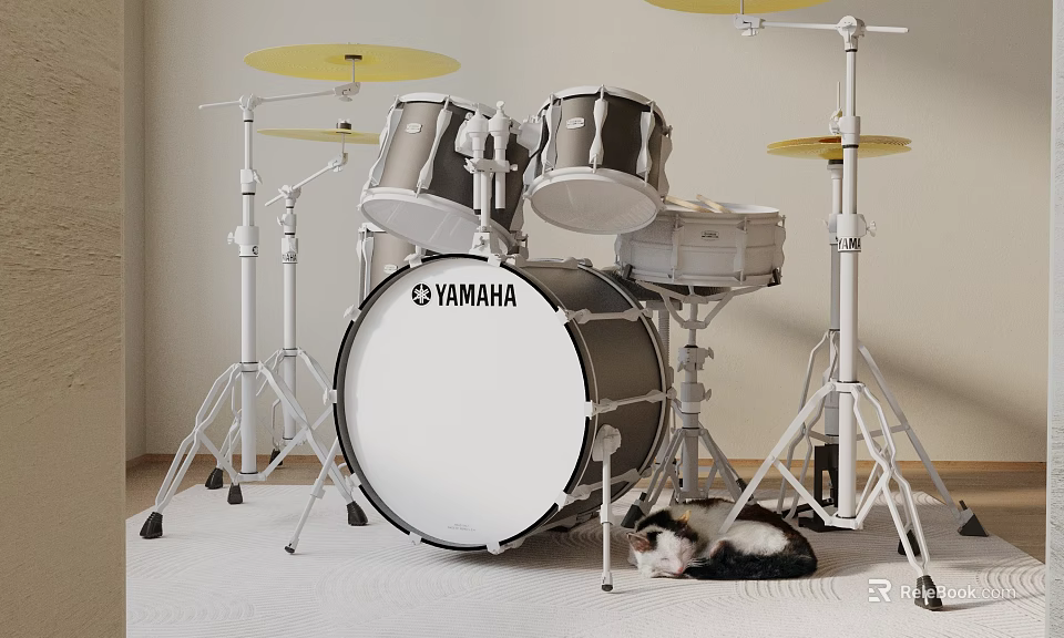 Yamaha Complete Silver Drum Set With Cymbals In Modern Room Setup 3d model 