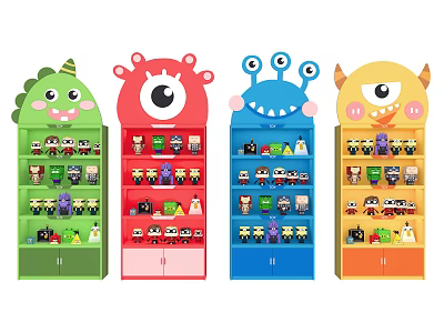 Colorful Cartoon Themed Cabinets With Cute Faces And Stored Small Toys 3d model