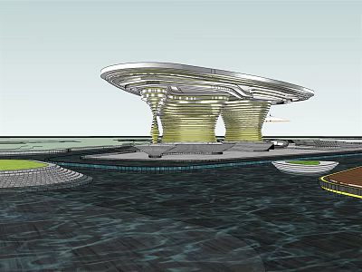 Modern Waterfront Pergola With Curved Canopy And Spiral Pillar Design 3d model