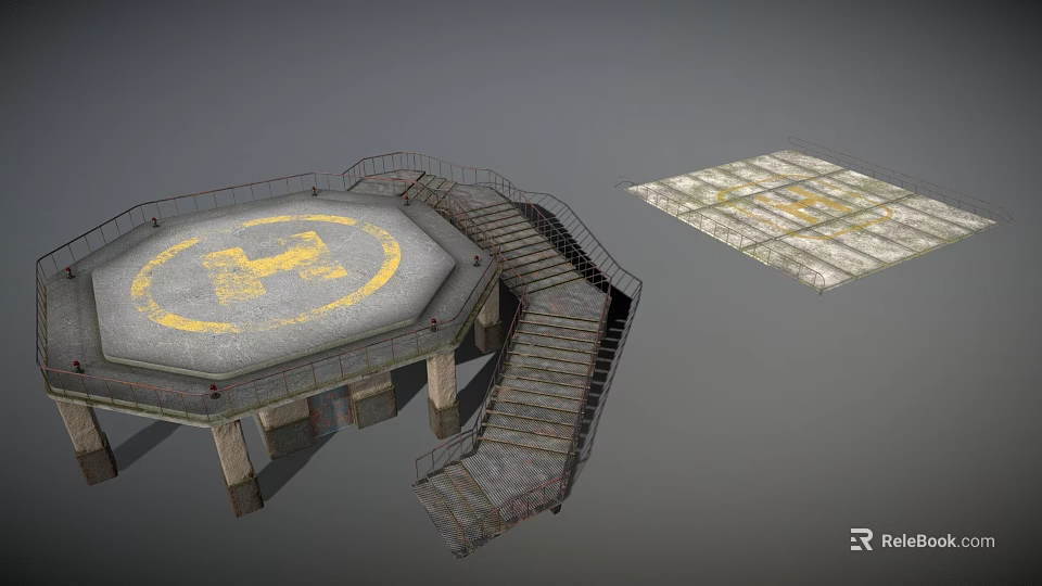 3D Model Of Octagonal Platform With Yellow Logo Metal Stairs And Grid Structure 3d model 