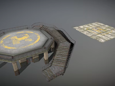 3D Model Of Octagonal Platform With Yellow Logo Metal Stairs And Grid Structure 3d model