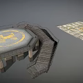 3D Model Of Octagonal Platform With Yellow Logo Metal Stairs And Grid Structure