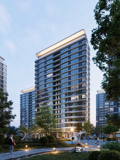Modern High Rise Residential Building With Glass Curtain Walls Surrounded By Trees And Adjacent Buildings 3d model 
