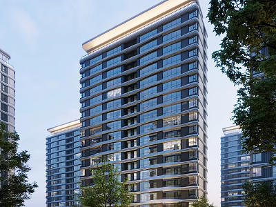 Modern High Rise Residential Building With Glass Curtain Walls Surrounded By Trees And Adjacent Buildings 3d model
