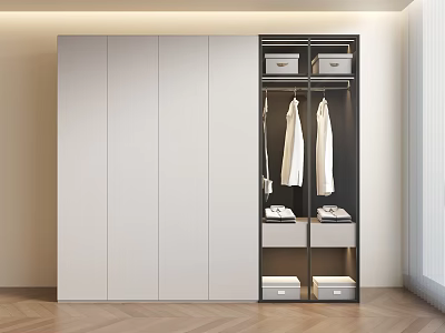 Modern Wardrobe Design With White Panels Black Frame Hanging Clothes And Storage Drawers 3d model