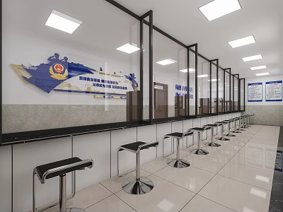 Clean National Immigration Service Hall With Service Counters And Stools In A Row 3d model