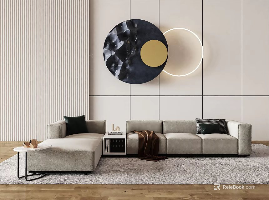 Light Gray Sectional Sofa Interior With Black Cushions Side Table And Circular Wall Art 3d model