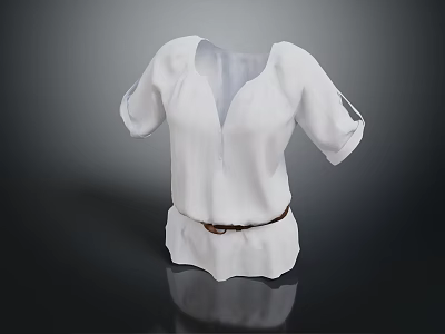 Stylish White Blouse With V Neck Short Sleeves And Brown Belt Design 3d model