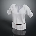 Stylish White Blouse With V Neck Short Sleeves And Brown Belt Design
