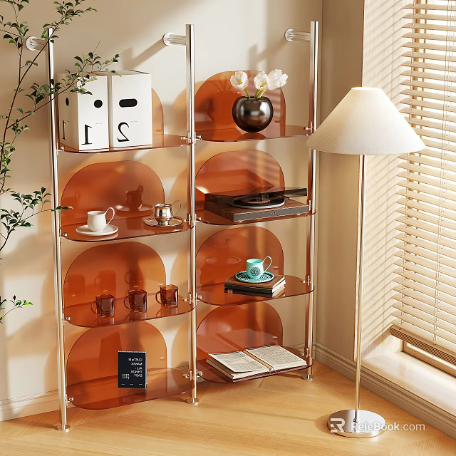 Modern Orange Acrylic Shelving Unit With Vase Cups Books Record And Floor Lamp In Natural Light 3d model 