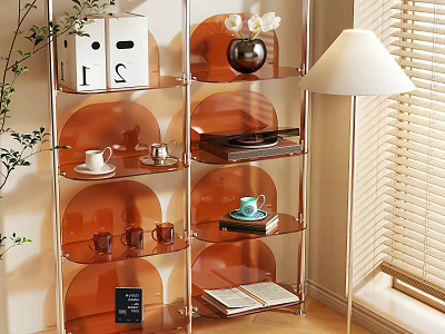Modern Orange Acrylic Shelving Unit With Vase Cups Books Record And Floor Lamp In Natural Light 3d model