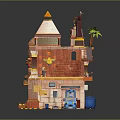 Cartoon Style Multi Level Castle Scene With Towers Palm Tree And Colorful Brick Details