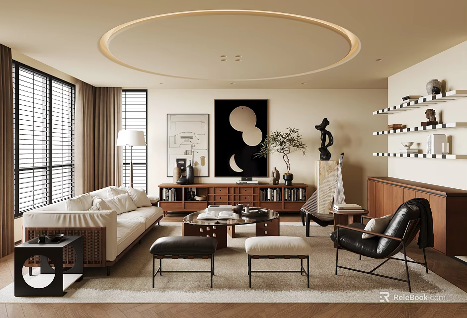 Modern Living Room Interior Design With Sofa Coffee Table Rug And Decorative Painting 3d model 