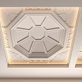 Elegant Ceiling Design With Octagonal And Oval Carved Patterns And LED Lighting
