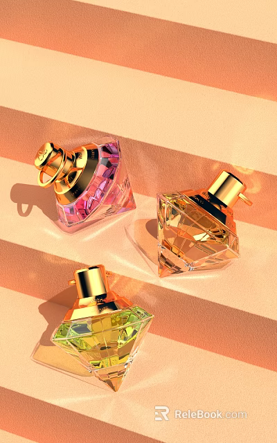 Elegant Colorful Perfume Bottles With Transparent Diamond Shapes And Golden Caps On Orange Striped Background 3d model 