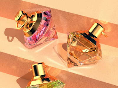 Elegant Colorful Perfume Bottles With Transparent Diamond Shapes And Golden Caps On Orange Striped Background 3d model