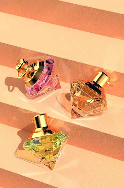 Elegant Colorful Perfume Bottles With Transparent Diamond Shapes And Golden Caps On Orange Striped Background 3d model