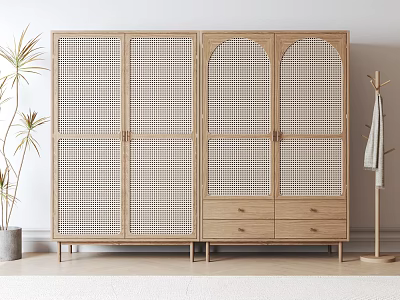 Natural Wooden Wardrobes With Rattan Doors And Drawers In Modern Interior Design 3d model