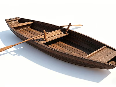 Traditional Wooden Boat with Oars and Seats for Rowing on Calm Water 3d model