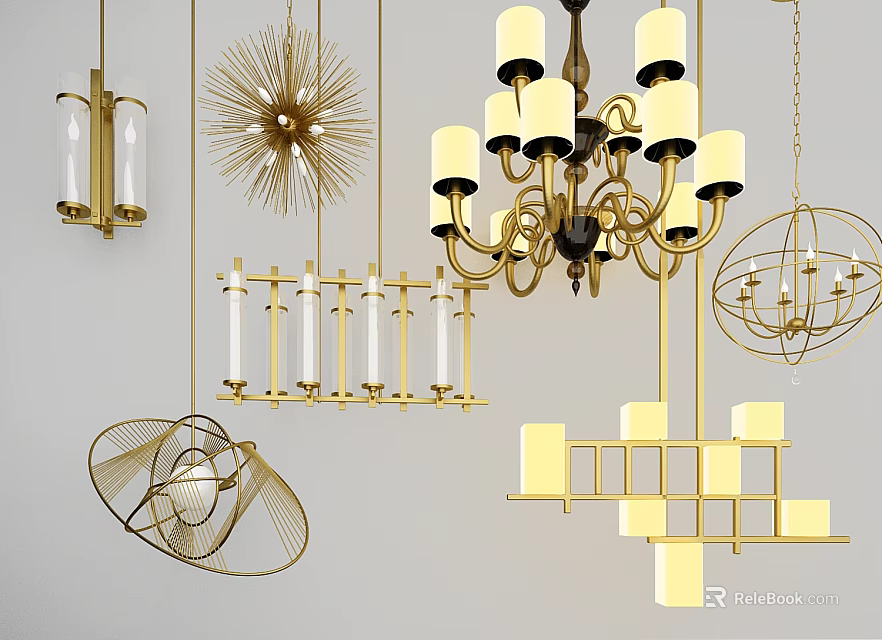 Elegant Gold Chandeliers Featuring Geometric Wireframe Spherical And Candle Style Designs 3d model