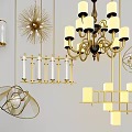 Elegant Gold Chandeliers Featuring Geometric Wireframe Spherical And Candle Style Designs 3d model