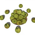 Fresh Green Apples in Wooden Bowl with Scattered Ones on White Background