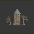 Traditional Red Brick Tower Structure With Pointed Gray Roof And Green Grassy Surroundings