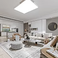 Modern Living Dining Room Interior With Sofa Coffee Table Round Mirror And Bookshelf
