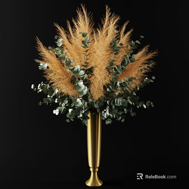 Golden Vase With Pampas Grass And Green Leaves Modern Floral Arrangement 3d model 