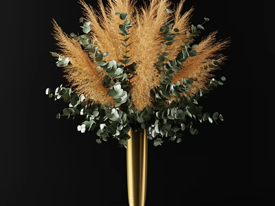 Golden Vase With Pampas Grass And Green Leaves Modern Floral Arrangement 3d model