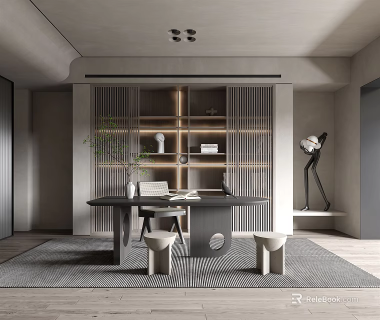 Modern Study Room Interior Design With Bookshelf Desk Stools Sculpture And Green Plant 3d model 