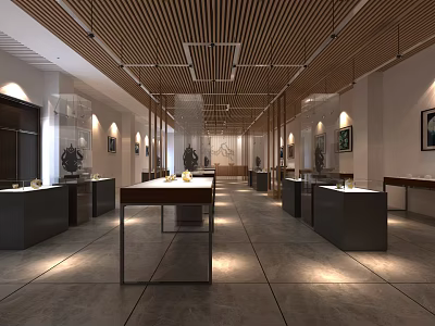 Modern Cultural Center Interior With Display Cases Exhibits Lighting And Wooden Ceiling 3d model