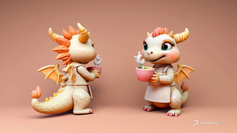 Cute Cartoon Dragons Game Movie Characters Holding Bowls With Orange Horns And Wings 3d model 