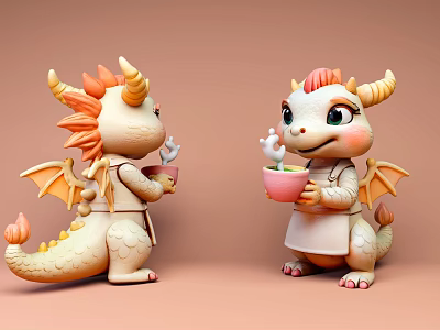 Cute Cartoon Dragons Game Movie Characters Holding Bowls With Orange Horns And Wings 3d model