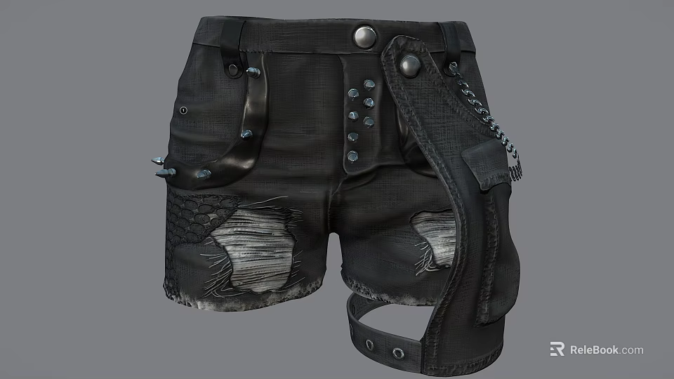 Black Ripped Cargo Shorts With Leather Accents Chain Details And Metal Buttons 3d model 