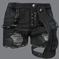 Black Ripped Cargo Shorts With Leather Accents Chain Details And Metal Buttons