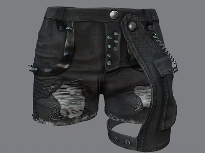 Black Ripped Cargo Shorts With Leather Accents Chain Details And Metal Buttons 3d model