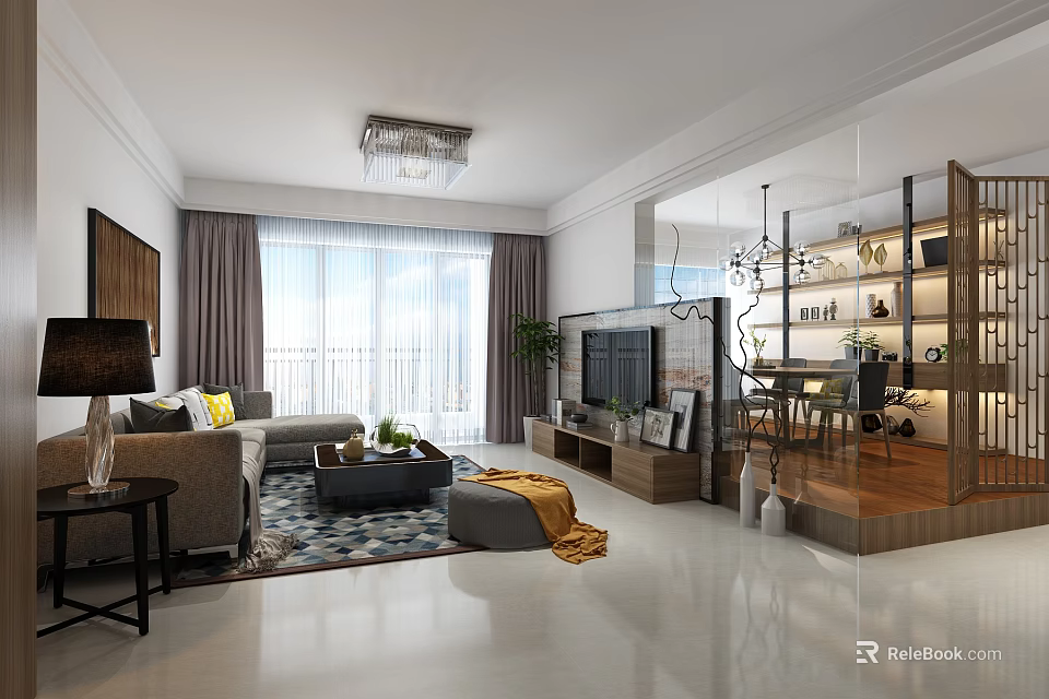 Modern Living Dining Room Interior With Sofa Coffee Table TV Light Fixture And Dining Set 3d model 