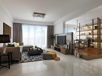 Modern Living Dining Room Interior With Sofa Coffee Table TV Light Fixture And Dining Set 3d model