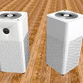 Two White Air Purifiers As Daily Electrical Appliances Placed On Wooden Floor