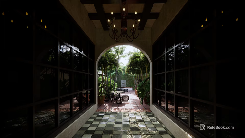 Garden Landscape View Through Archway With Green Plants Table Chairs Checkerboard Floor And Chandelier 3d model 