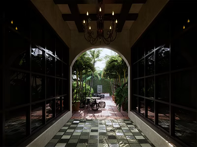 Garden Landscape View Through Archway With Green Plants Table Chairs Checkerboard Floor And Chandelier 3d model