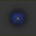 Modern Chandelier with Multiple Metal Arms Small Lights and Central Circular Glow on Blue Background