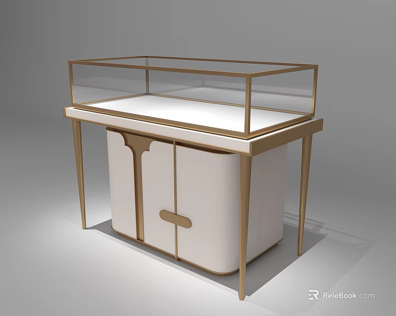 Elegant Modern Display Cabinet Shelf with Gold Frame Glass Case and White Cabinet Doors 3d model 