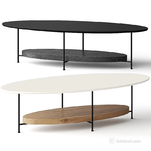 Oval Coffee Tables With Black White Tops Metal Legs And Wooden Gray Lower Shelves 3d model 