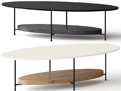 Oval Coffee Tables With Black White Tops Metal Legs And Wooden Gray Lower Shelves 3d model