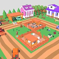 Colorful Cartoon Farm Scene Featuring Houses Barn Trees Animals Trucks Fences And Crops