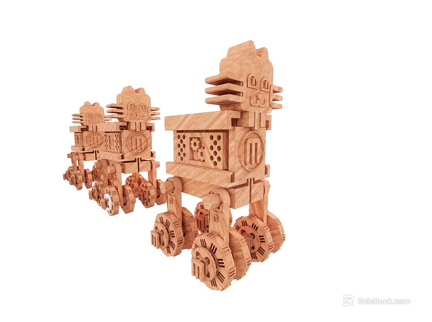 Wooden Building Blocks Assembled Into Train Models With Wheels And Carriages 3d model 