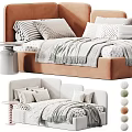 Modern Kids Bed With Upholstered Headboard Pastel Colors Striped Pillows And Soft Blanket