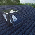 Detached House Roof With Open Skylight And Tile Surface Surrounded By Trees